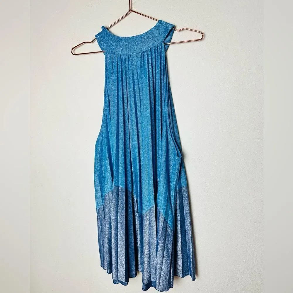 NWOT Free People Pleated Love Blue Metallic Mini Dress Medium